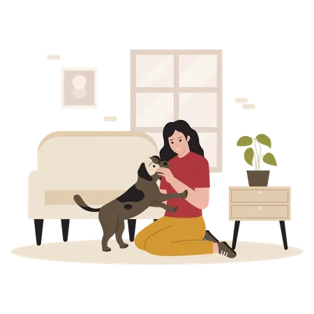 Fille jouant avec un chien de compagnie  Illustration