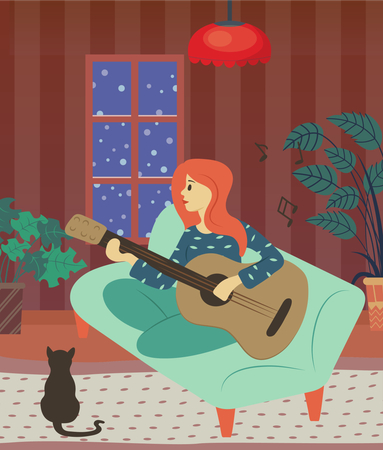 Fille jouant de la guitare à la maison  Illustration