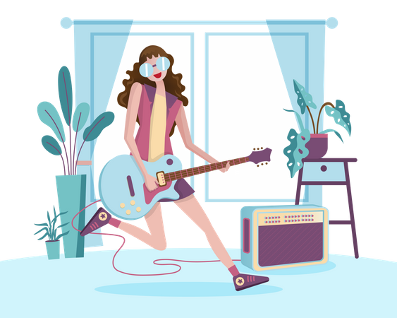 Fille jouant de la guitare à la maison  Illustration