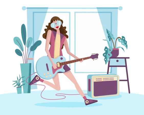 Fille jouant de la guitare à la maison  Illustration