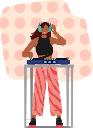 Fille jouant du DJ à l'aide d'un mixeur de son lors d'une soirée en discothèque DJ  Illustration