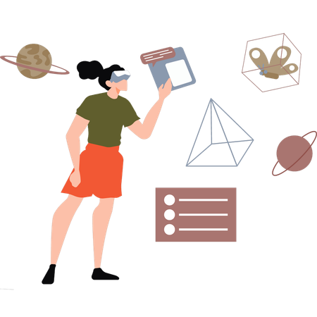 Une fille joue à un jeu d'astronomie virtuelle en VR  Illustration