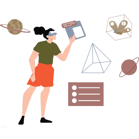 Une fille joue à un jeu d'astronomie virtuelle en VR  Illustration