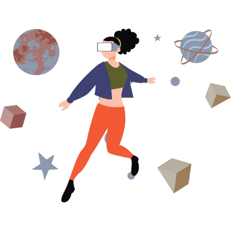 Une fille joue à un jeu d'astronomie virtuelle en VR  Illustration