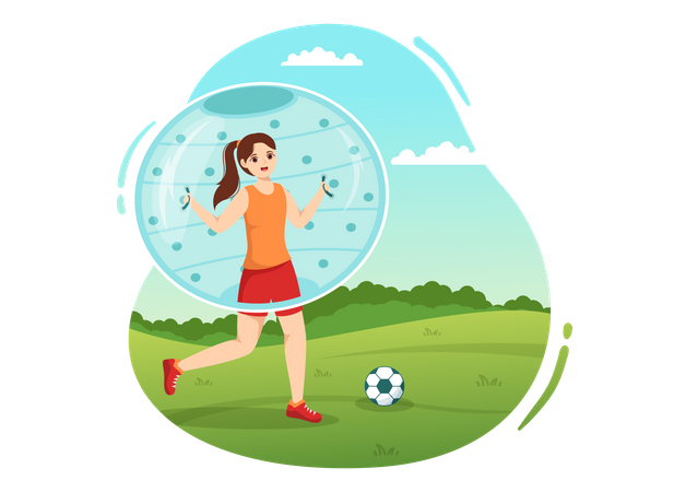 Une fille joue au football en portant un ballon de zorbing  Illustration
