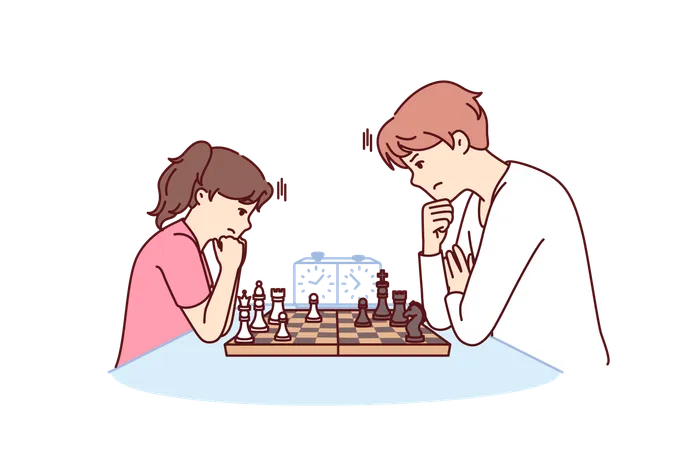 La fille joue aux échecs avec son père  Illustration