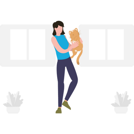 La fille joue avec son chat.  Illustration