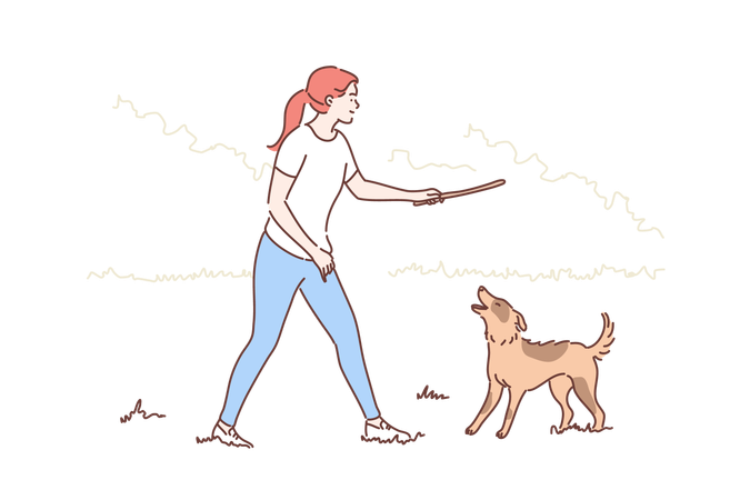 La fille joue avec son chien  Illustration