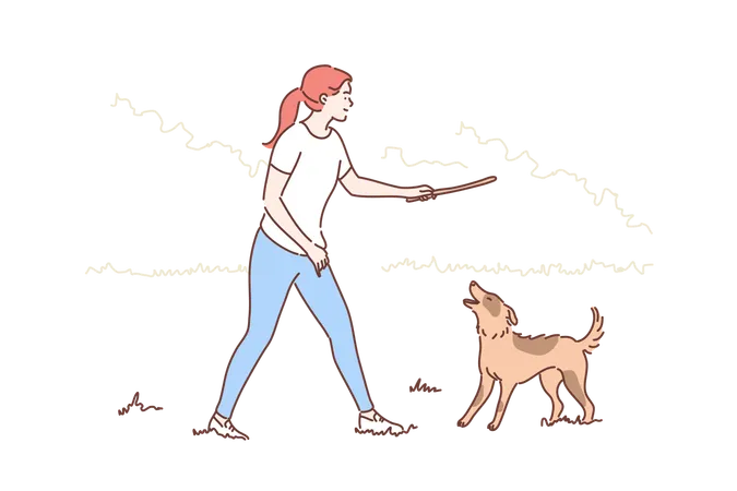 La fille joue avec son chien  Illustration