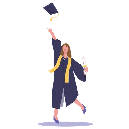 Une fille jette une casquette de remise des diplômes  Illustration