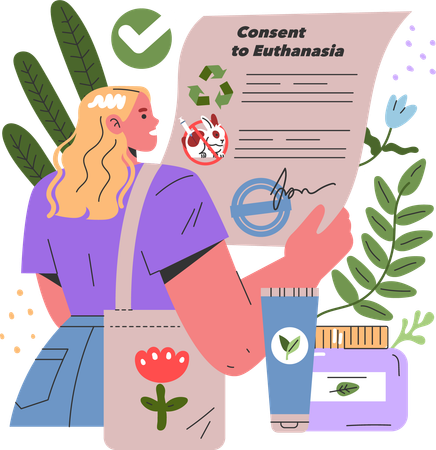 Fille lisant un article sur les cosmétiques éthiques  Illustration