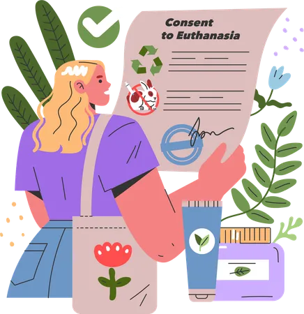 Fille lisant un article sur les cosmétiques éthiques  Illustration