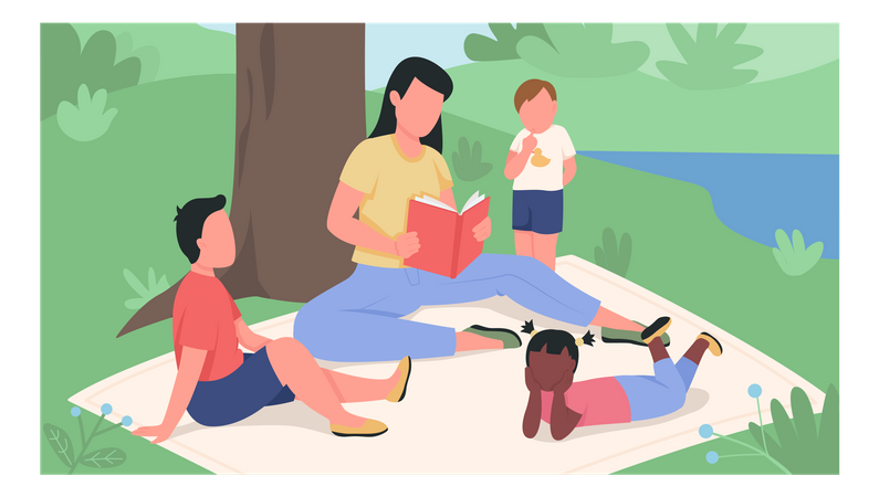 Fille lisant un livre aux enfants dans le parc illustration vectorielle couleur plate  Illustration