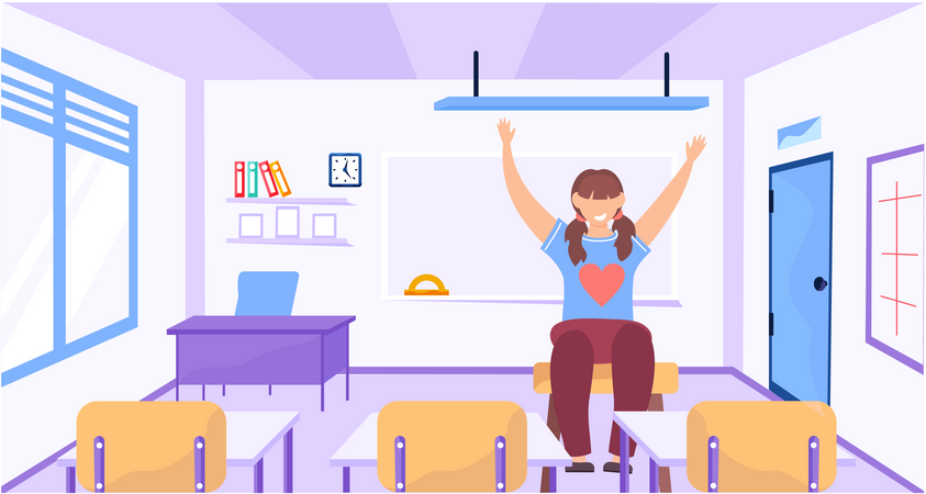 Fille lève la main assise dans une salle de classe vide  Illustration