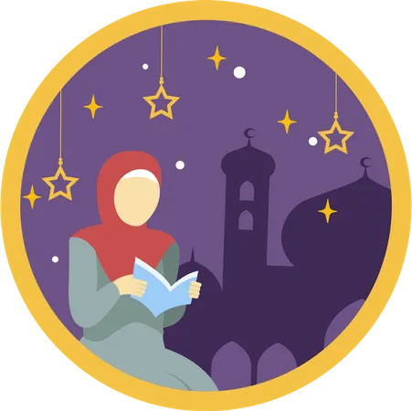 Une fille a lu le Coran pendant la nuit du Ramadan  Illustration