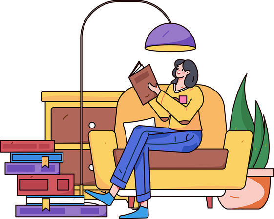 Fille lisant un livre à la maison  Illustration