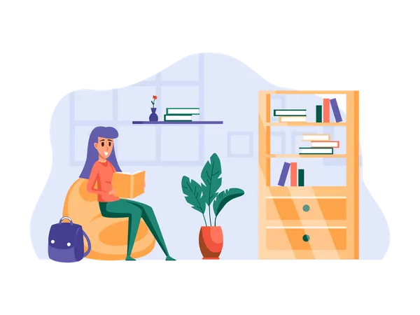 Fille lisant un livre à la maison  Illustration