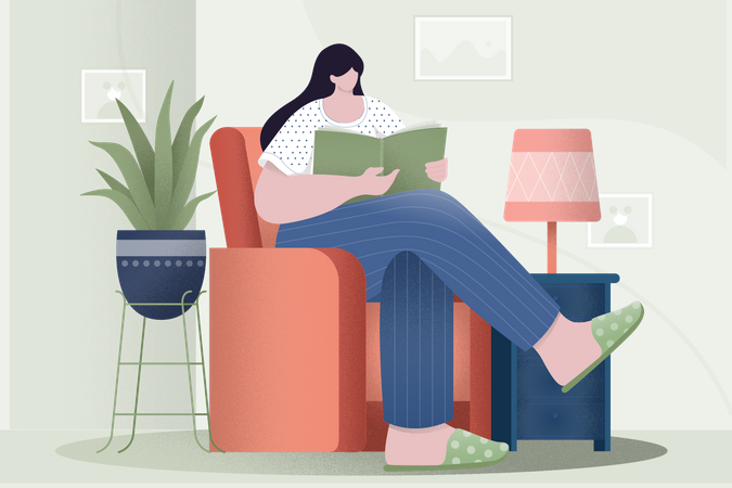 Fille lisant un livre à la maison  Illustration