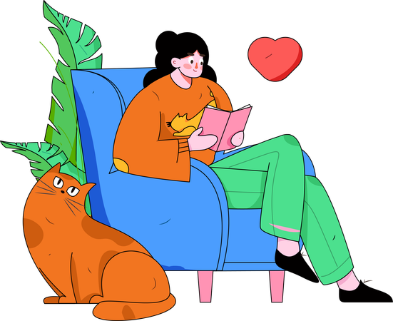 Fille lisant un livre à la maison sur un fauteuil  Illustration