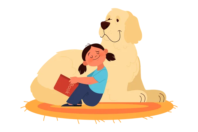 Fille lisant un livre tout en étant assise avec un chien de compagnie  Illustration