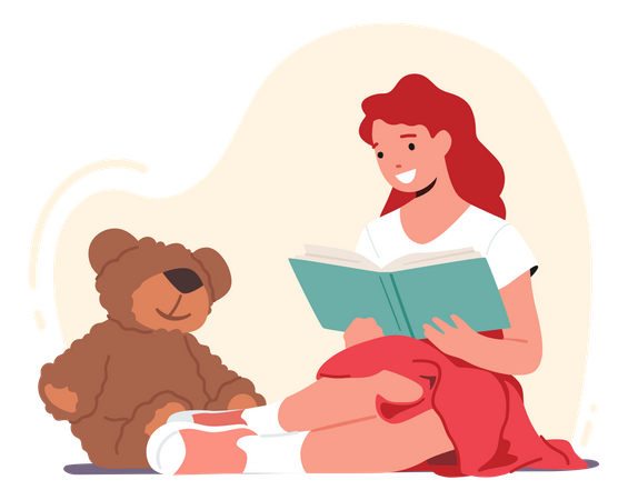 Fille lisant un livre assis avec un ours en peluche  Illustration