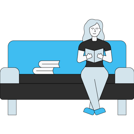 Fille lisant un livre tout en étant assise sur un canapé  Illustration