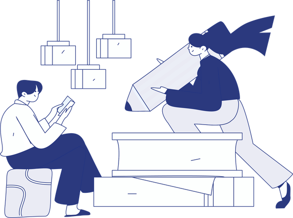 Fille lisant un livre tout en étant assise sur un canapé  Illustration