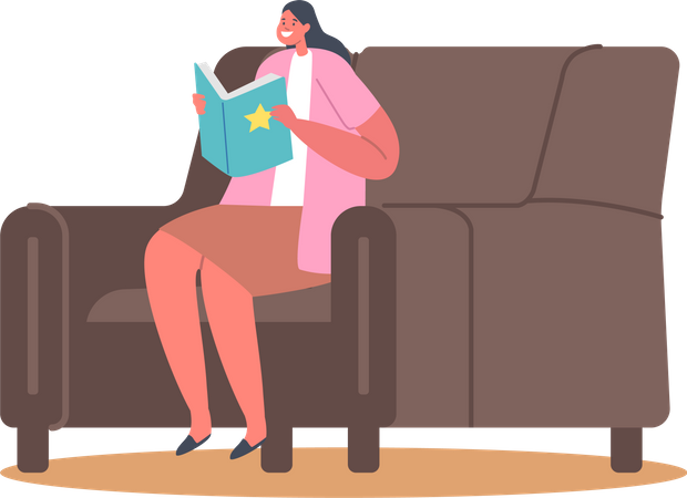 Fille lisant un livre tout en étant assise sur un fauteuil  Illustration