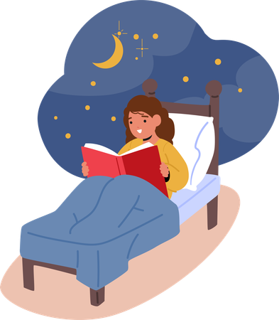 Fille lisant un livre au lit  Illustration