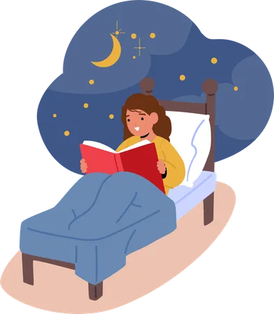 Fille lisant un livre au lit  Illustration