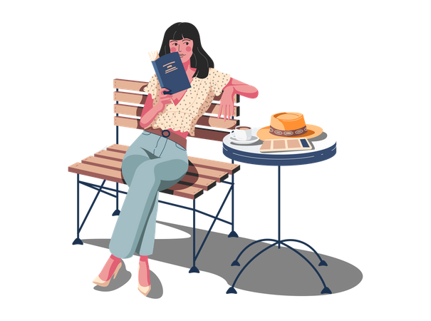 Fille lisant un livre au restaurant  Illustration