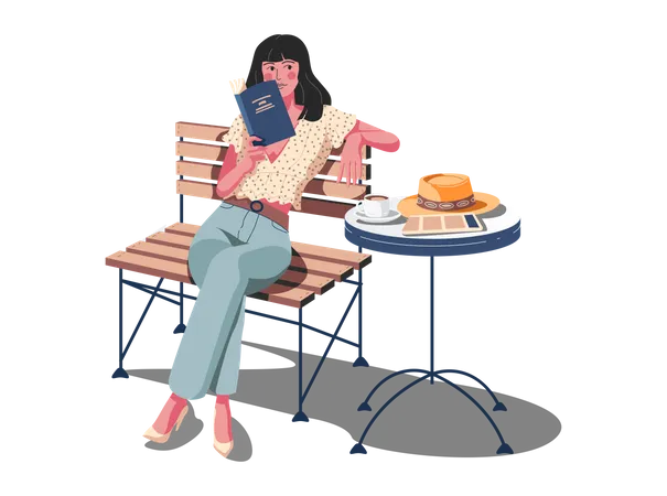 Fille lisant un livre au restaurant  Illustration