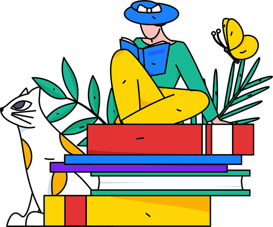 Fille lisant un livre avec un chat  Illustration