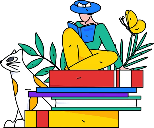 Fille lisant un livre avec un chat  Illustration