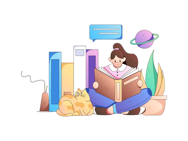 Fille lisant un livre dans la bibliothèque  Illustration