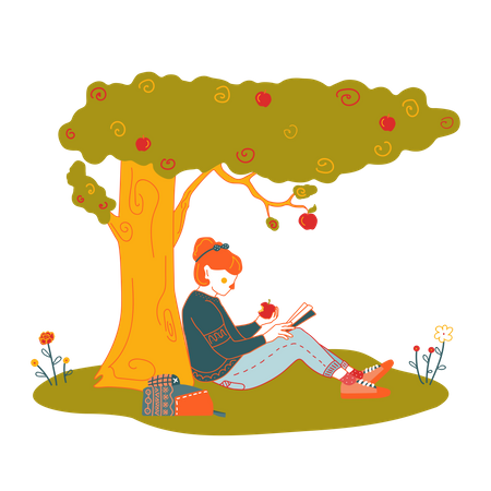 Fille lisant un livre dans le parc  Illustration