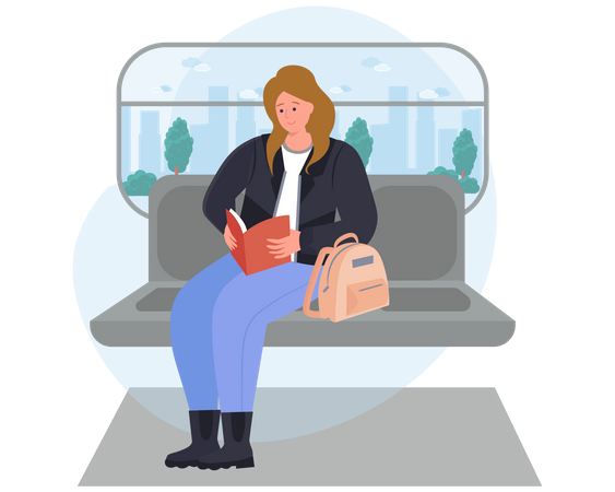 Fille lisant un livre en voyageant dans un train  Illustration