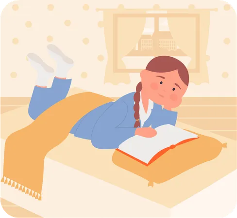 Fille lisant un livre sur le lit  Illustration