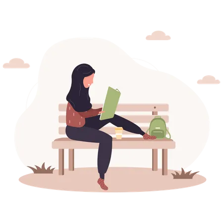 Fille lisant un livre sur un banc  Illustration