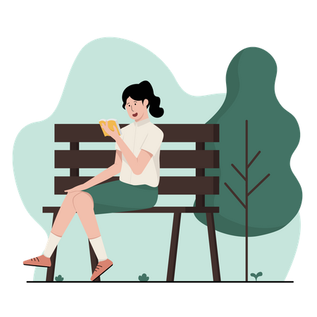 Fille lisant un livre tout en étant assise sur un banc de parc  Illustration