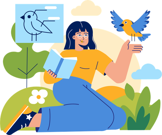 Fille lisant un livre tout en observant un oiseau  Illustration