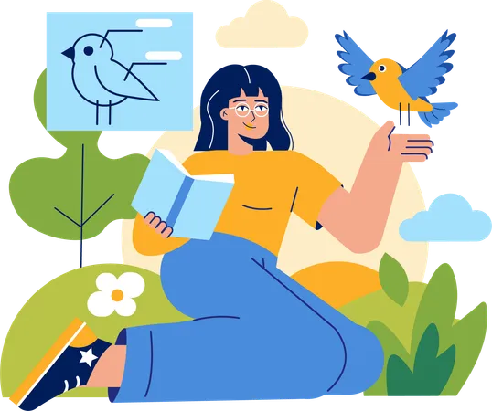 Fille lisant un livre tout en observant un oiseau  Illustration