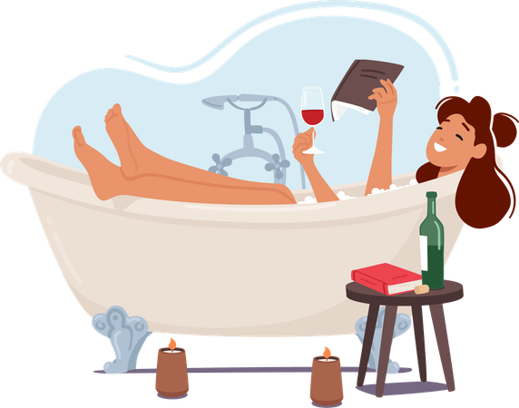 Fille lit un livre dans la baignoire avec un verre de vin  Illustration