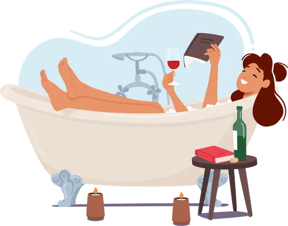 Fille lit un livre dans la baignoire avec un verre de vin  Illustration