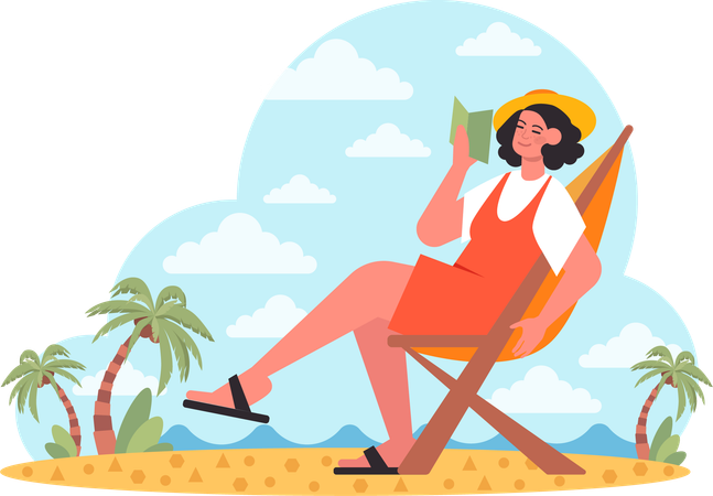 La fille lit le livre en vacances  Illustration