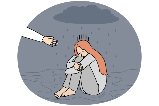 Une fille malheureuse assise sous un nuage de pluie ignore l'aide apportée par la main qui lui donne du soutien  Illustration