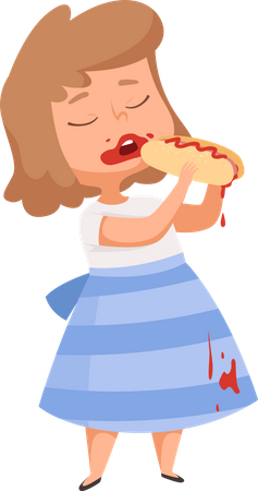 Fille mangeant du hot-dog et renversant du ketchup sur des vêtements  Illustration