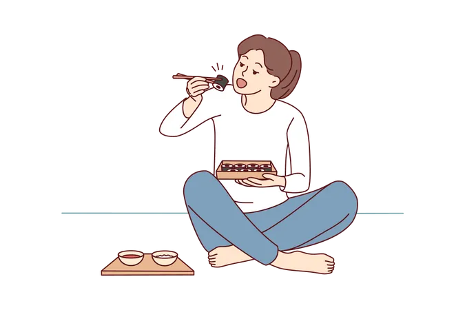 Fille mangeant des sushis dans une boîte à bento  Illustration