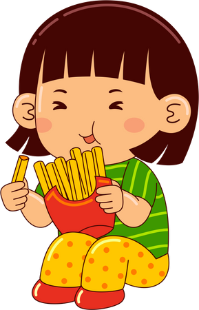 Fille mangeant des frites  Illustration