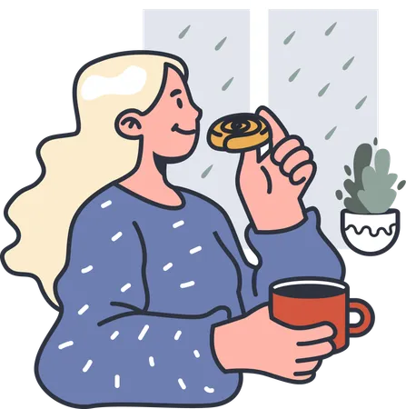 Fille mangeant de la nourriture hygge avec du café  Illustration